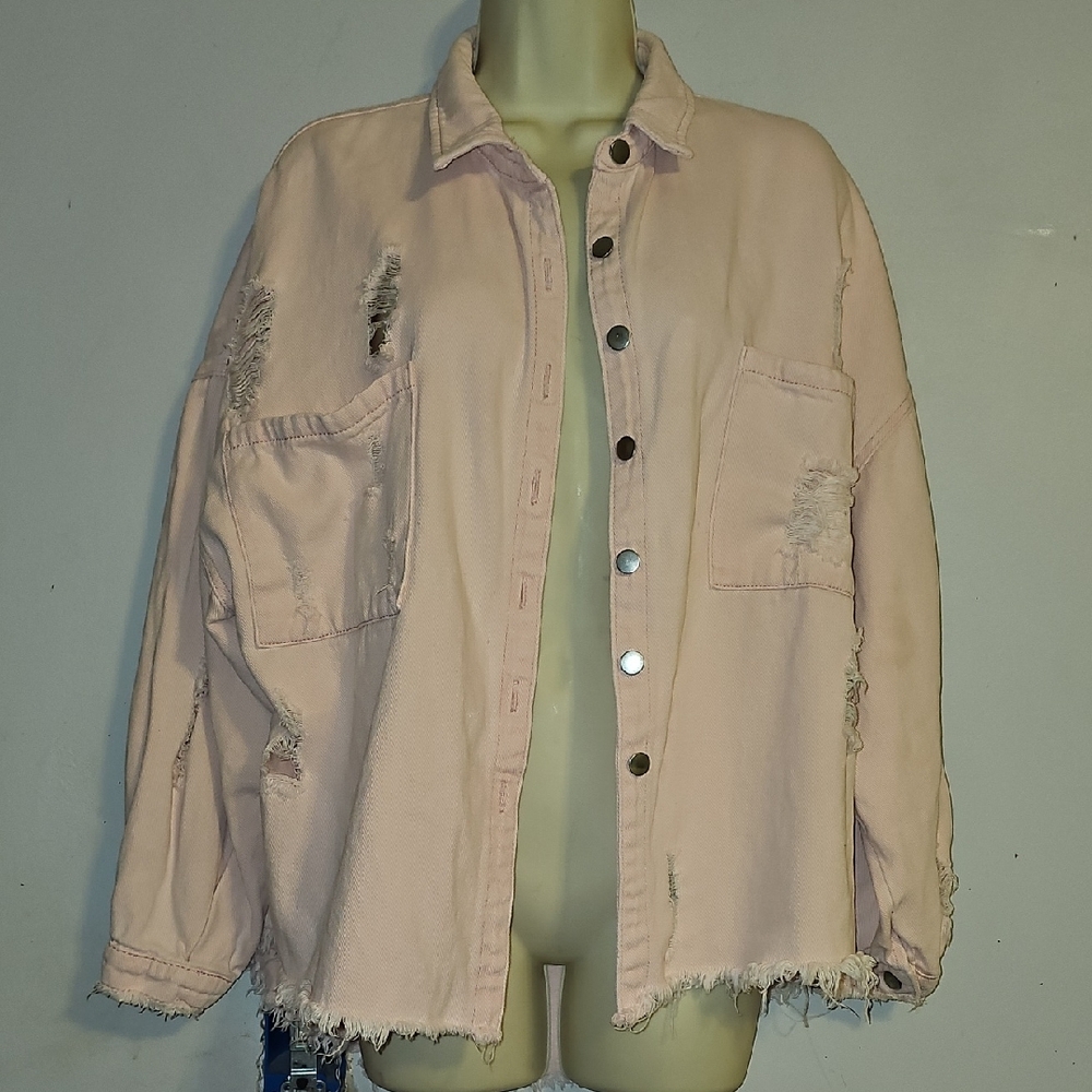 POL Spring Light Pink Distressed Jean Jacket